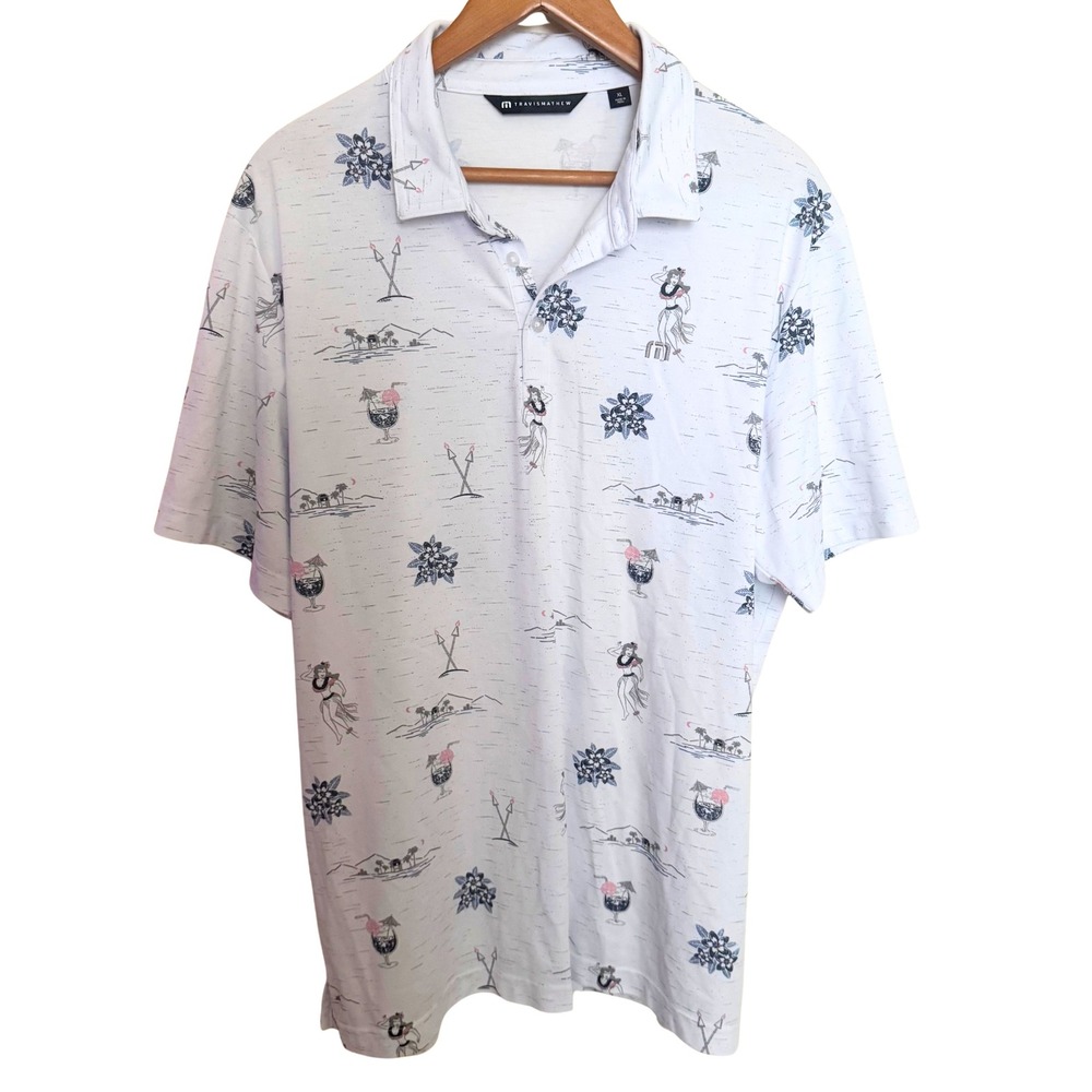 TravisMathew Mens XL Golf Polo Shirt White Hula Girl Tropical Print Short Sleeve